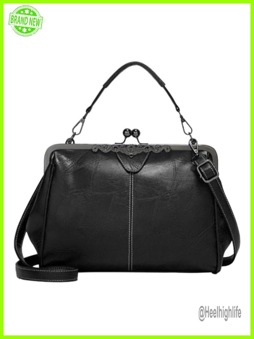 Vintage Kiss Lock Satchel Crossbody Purse, Faux Leather